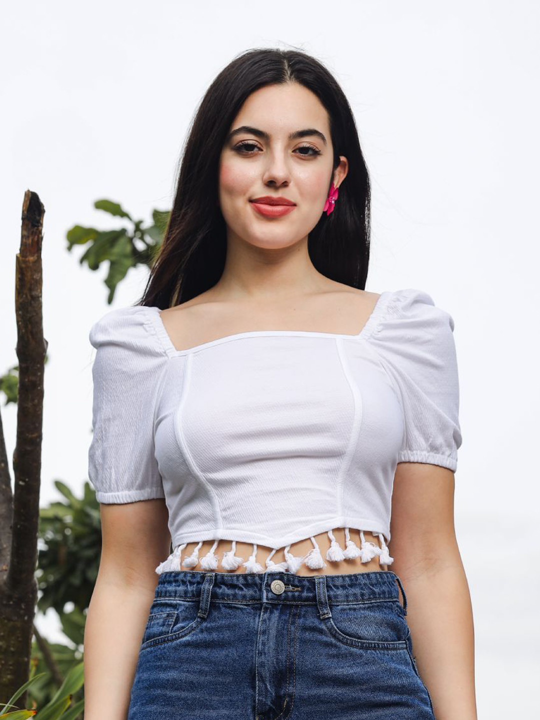 ONE SKY Women Square Neck Puff Sleeve Crop Top