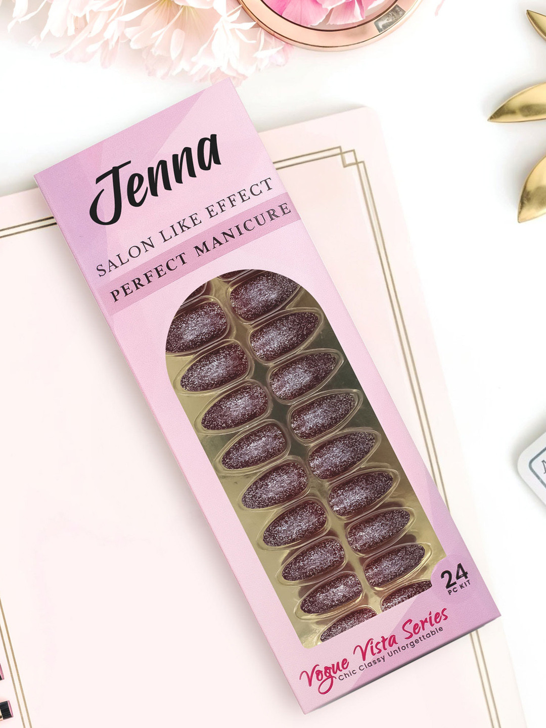 JENNA 24 Pcs French Tip Almond Shape Press-On Acrylic Artificial Nails - Glitter Maroon