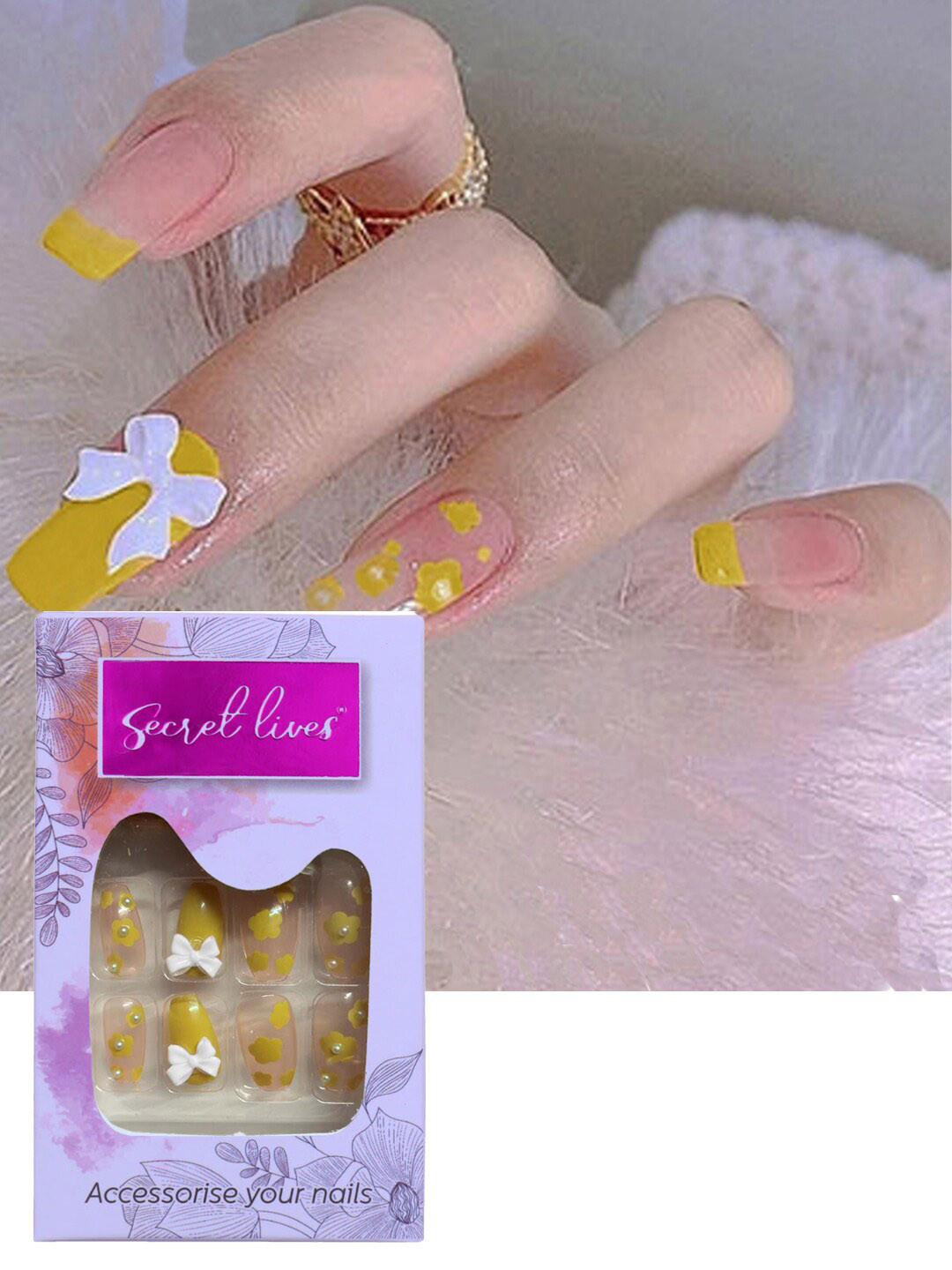 Secret Lives 24-Pcs Transparent 3D Bow & White Pearls False Nails