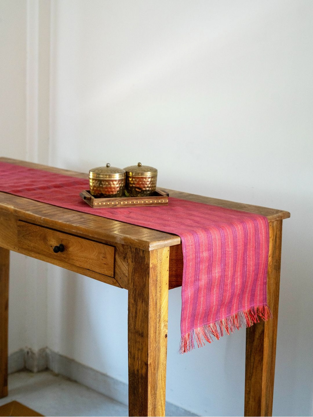 Ratan Cart Pink & Purple Striped Pure Cotton Rectangular Table Runner