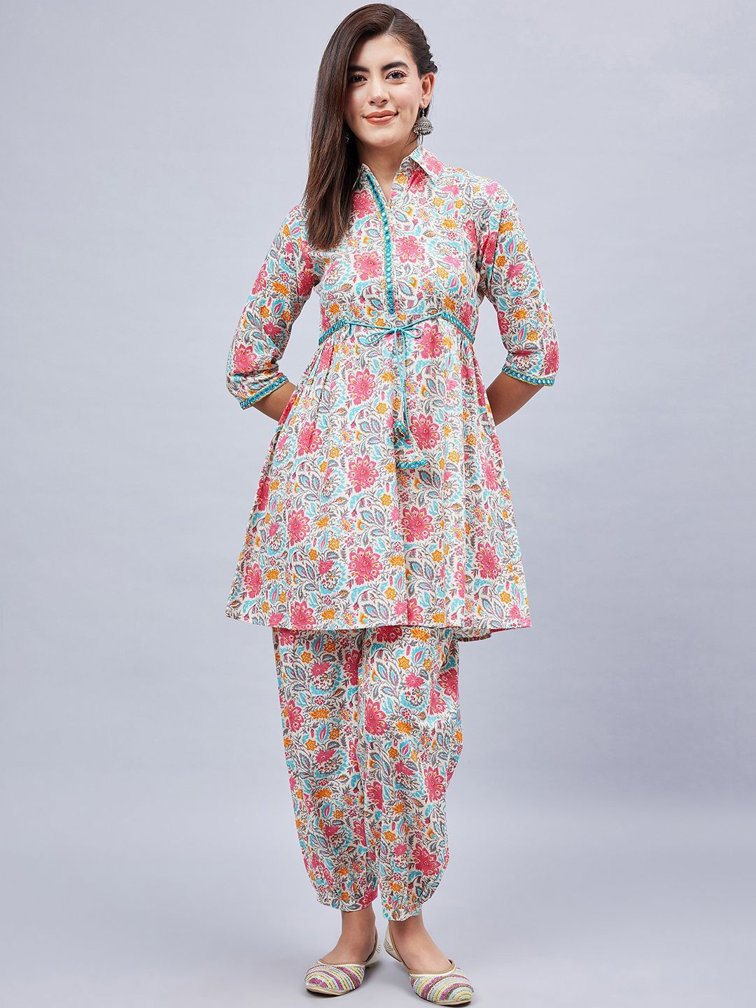 WineRed Floral Printed Shirt Collar Three-Quarter Sleeves Pure Cotton Tunic With Trouser