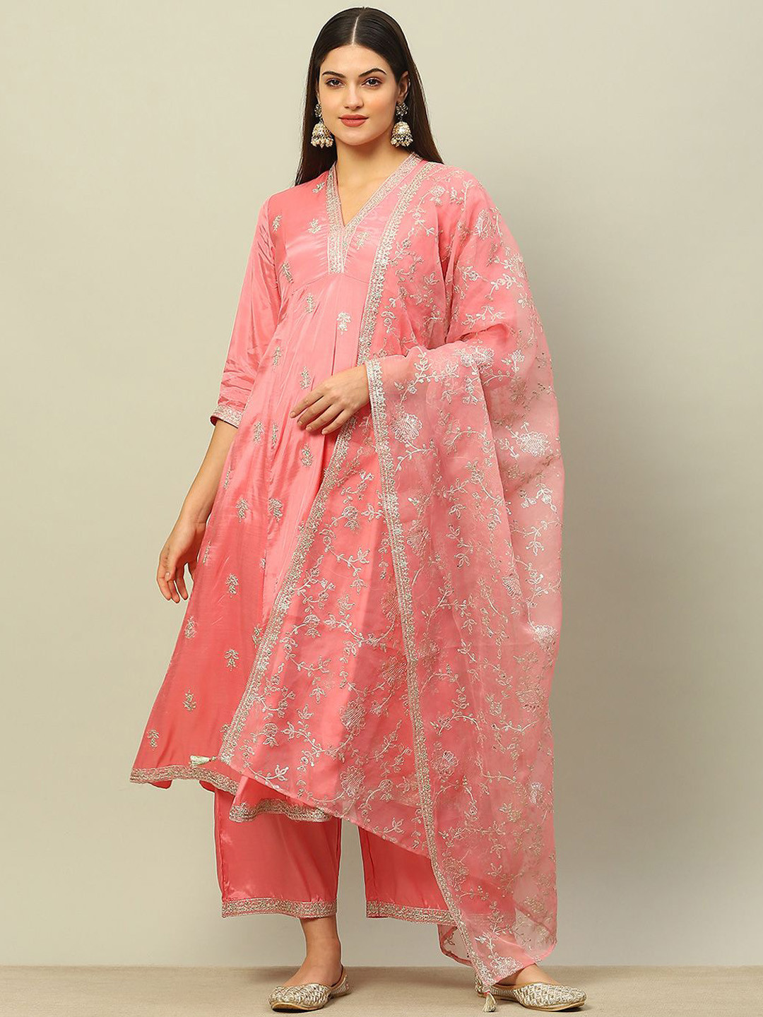 Rangriti Floral Kalidar Embroidered Sequinned A-Line Kurta with Palazzos & Dupatta