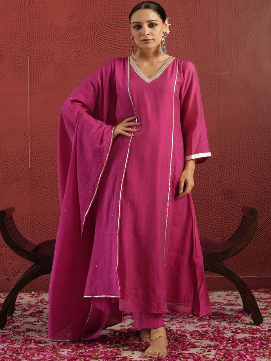 OneWe A-Line Gotta Patti Chanderi Silk Kurta with Trousers & Dupatta