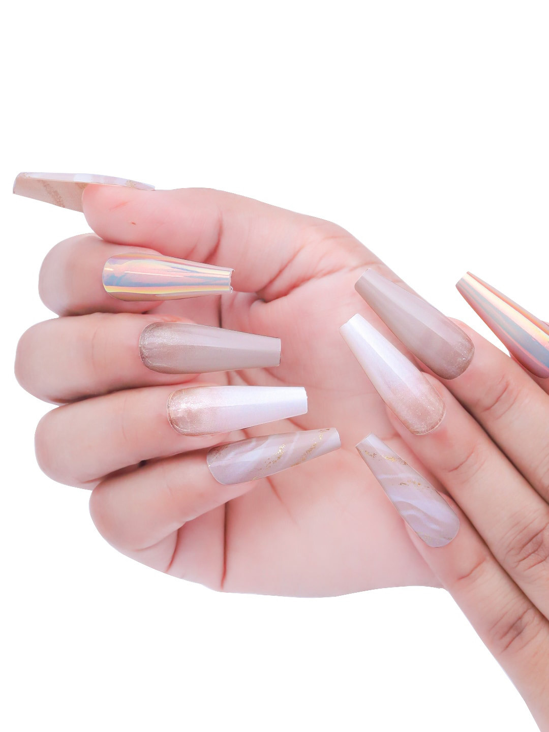 Secret Lives Nude Metallic Artificial Coffin Nails Extension - 24 Pieces