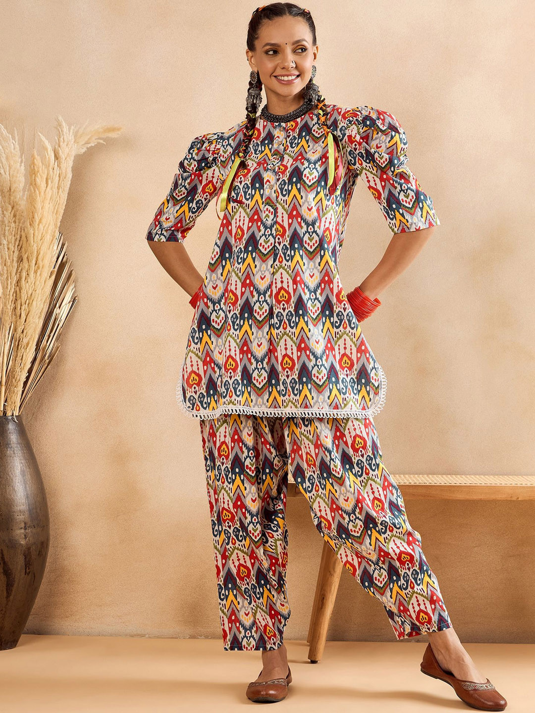 WineRed Printed Cotton Tunic With Farshi Salwar Set