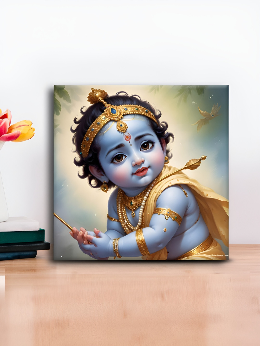 OLIVE TREE Blue & Green Lord Krishna Canvas Painting Wall Art