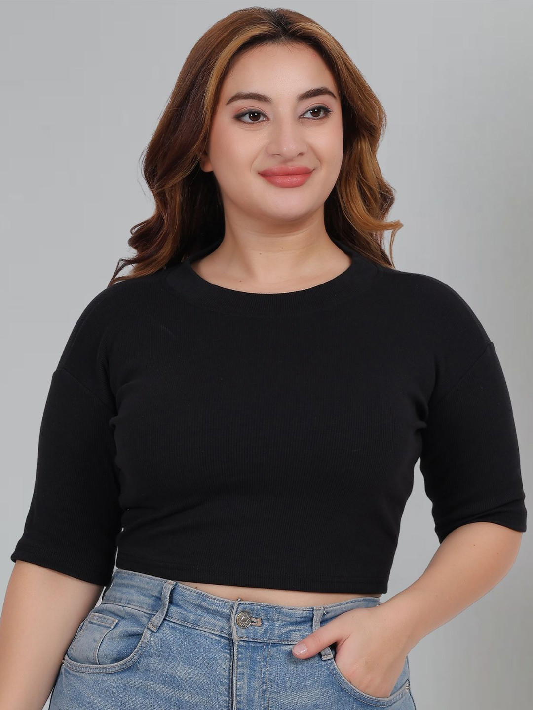 Fabme Cotton Three Quarter Sleeves Crop Top
