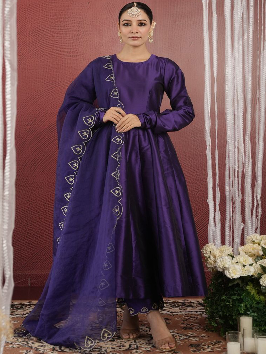OneWe Floral Tiered Pure Silk Aari Work Kurta with Trousers & Dupatta