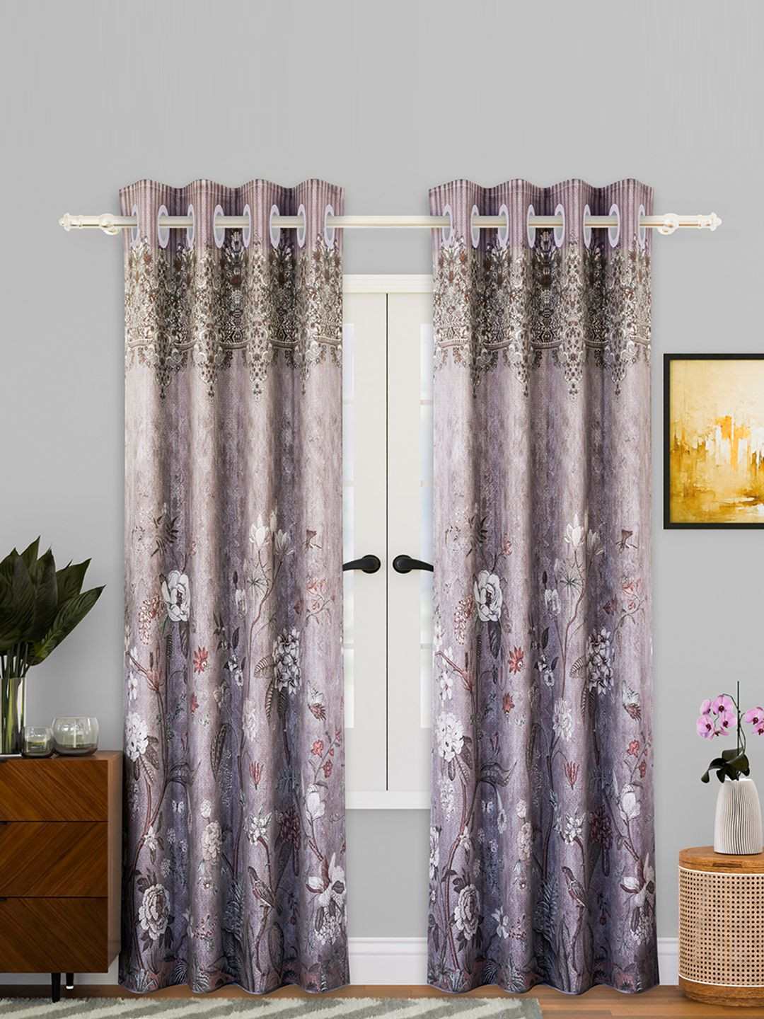 Kuber Industries Brown & Grey 2 Pieces Floral Printed Eyelet Cotton Door Curtains