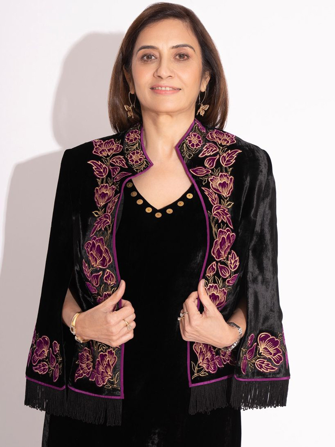 HOUSE OF INARI Women Mandarin Collar Floral Embroidered Formal Tailored Jacket