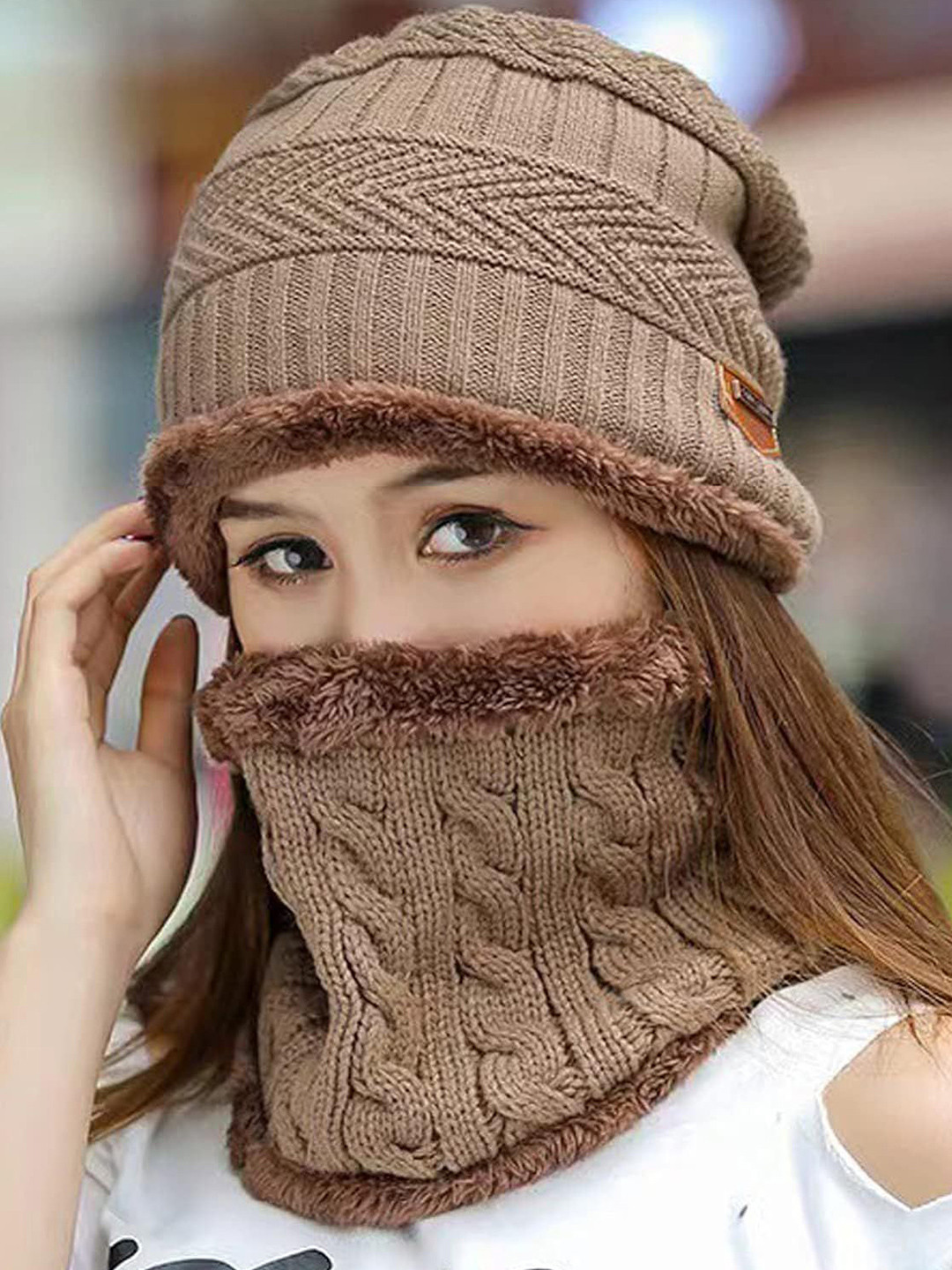 Alexvyan Women Thermal Soft Knitted Warm Winter Woolen Cap with Neck Scarf
