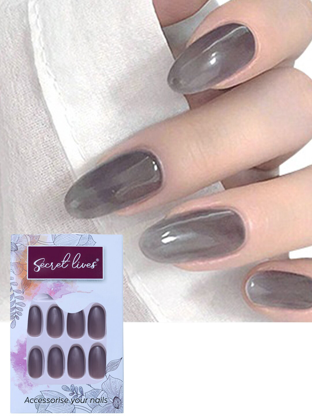 Secret Lives Plain 24 Pieces of Gloss Fake Nails - Grey