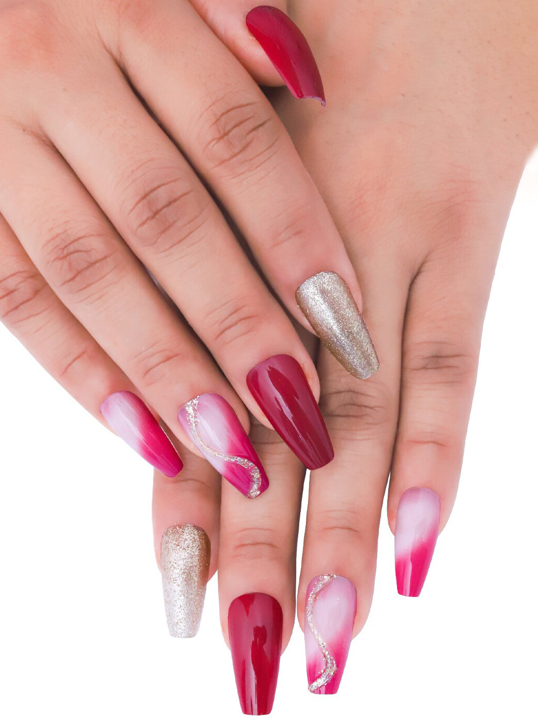 Secret Lives Set Of 24 Joy Reddish Maroon Party Artificial Nail Extension