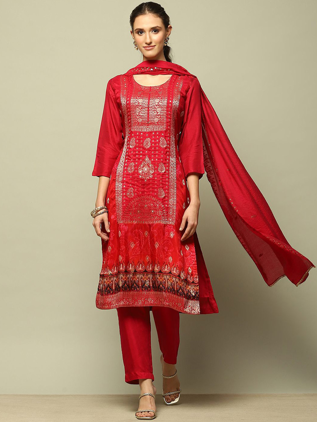 Rangriti Floral Woven Design Gotta Patti Kurta with Trousers & Dupatta
