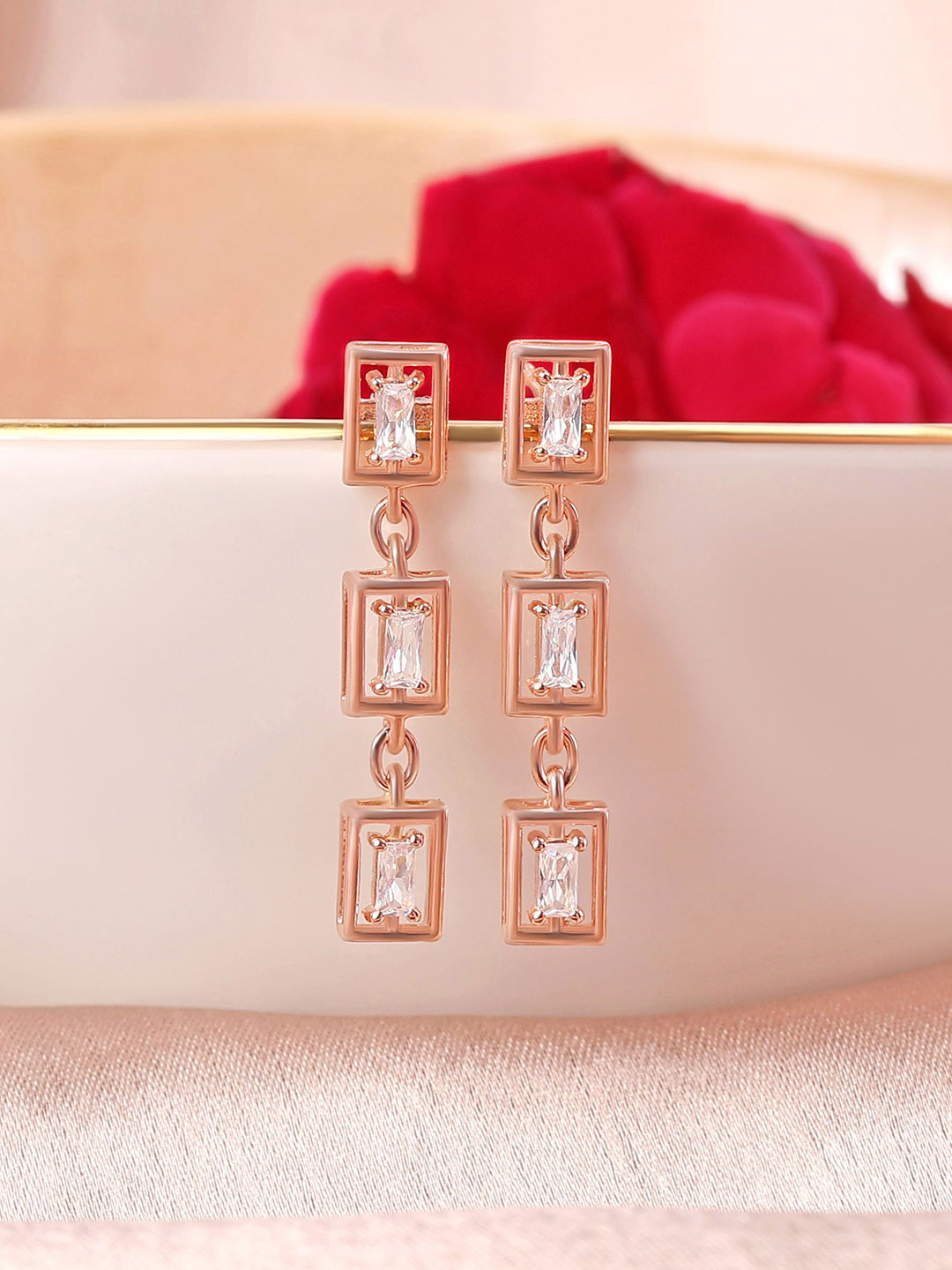 Ornate Jewels Rose Gold-Plated 925 Sterling Silver Classic AD Stone Studded Drop Earrings