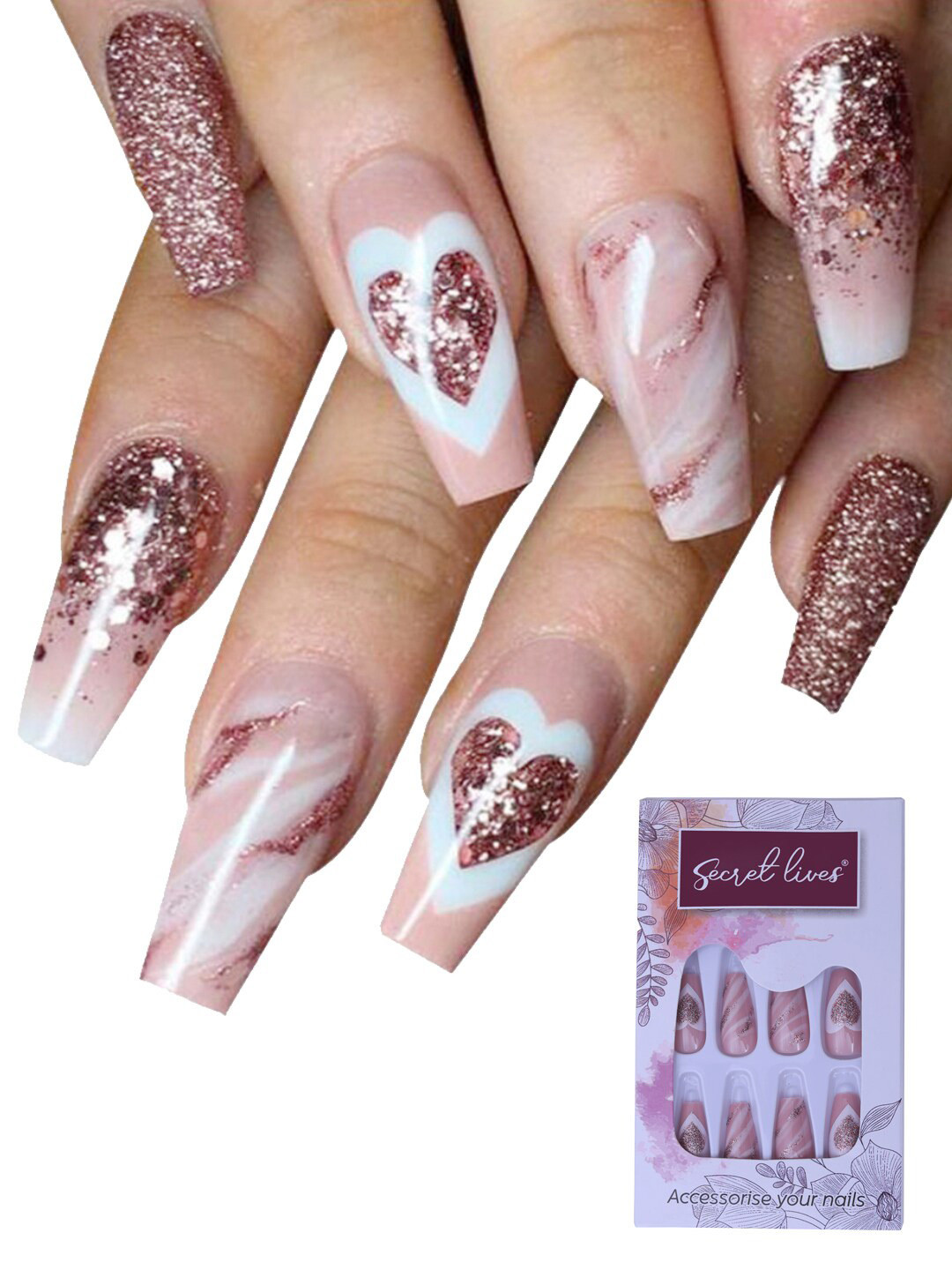 Secret Lives 24 Pieces Love Glitter Fake Nails