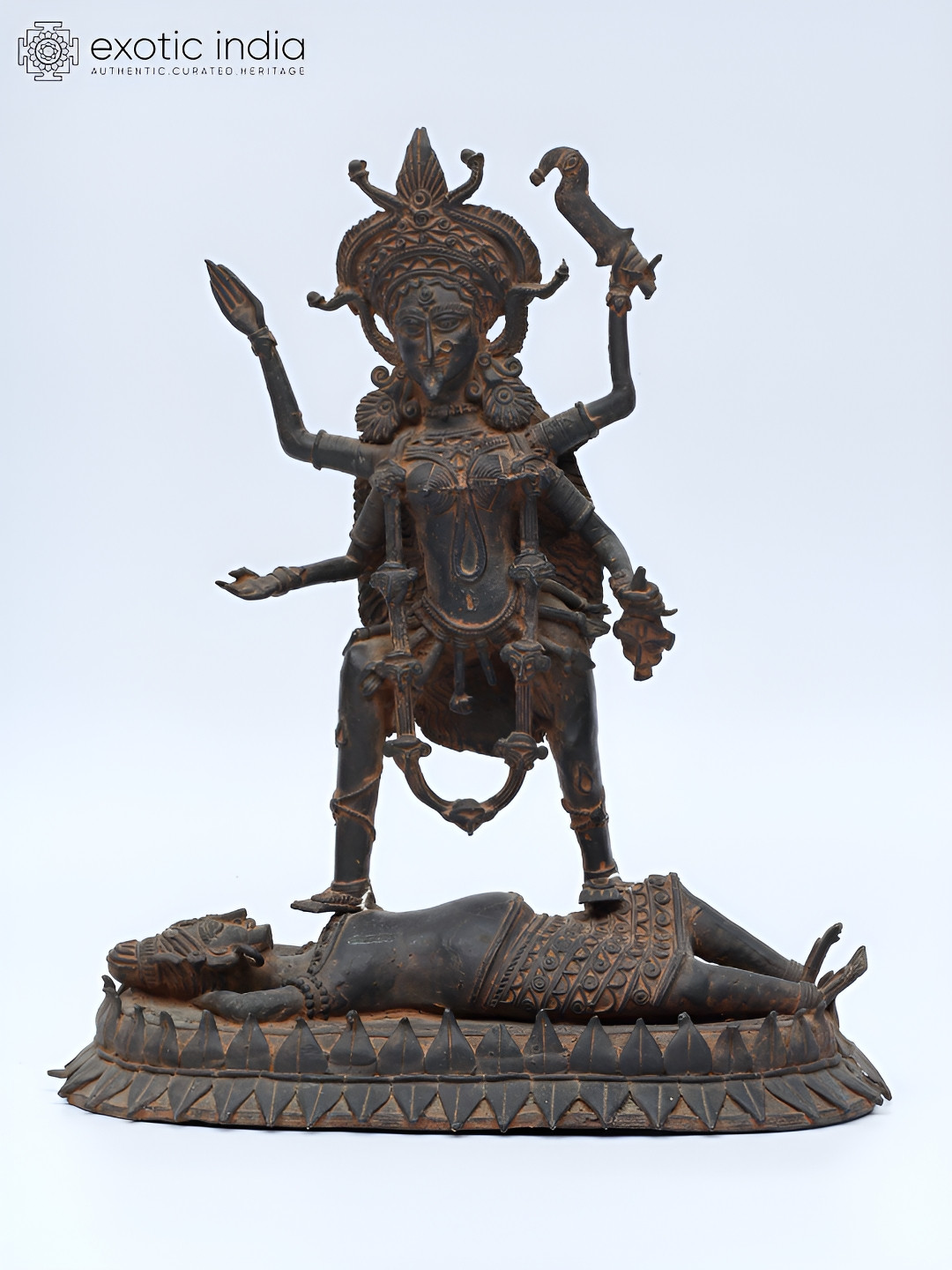 Exotic India Goddess Kali Standing on Lord Shiva Black Bronze Metallic Prayer Room Medium Showpiece - 4.7 Inches