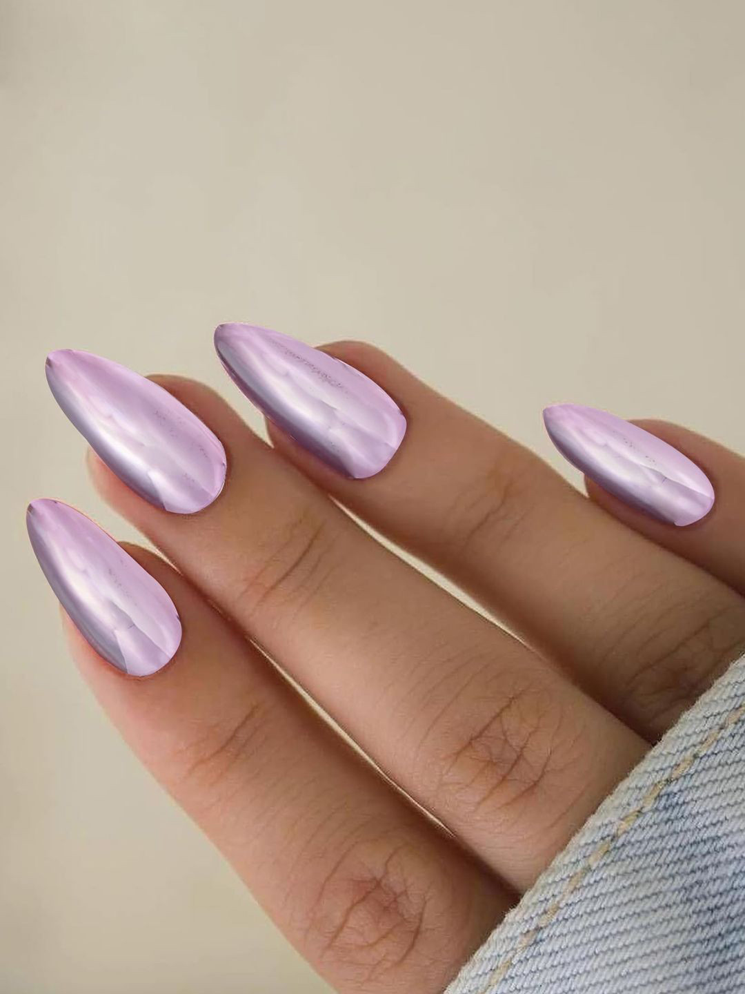 PRIVIU 12 Pcs Reusable Chromatic Fake Nails With Application Kit - Metallic Lavender F12L