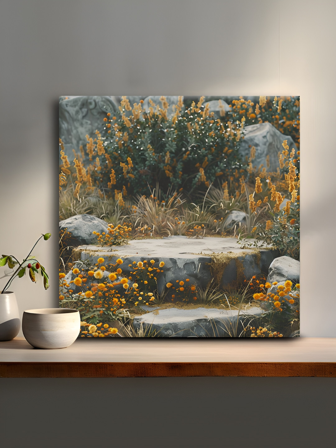 OLIVE TREE Green & Yellow Floral & Stones Canvas Painting Wall Art