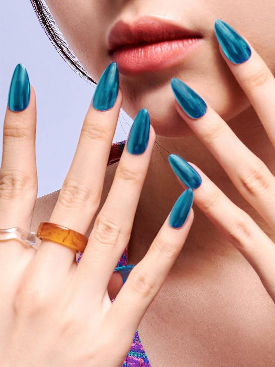 PRIVIU Set Of 12 Reusable Chromatic Fake Nails With Application Kit - Steel Blue F07G