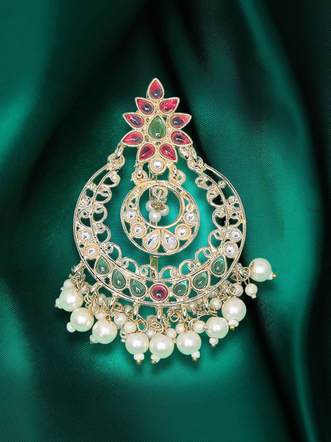 Anouk Gold-toned Kundan Studded & Beaded Floral Design Hair Bun Pin