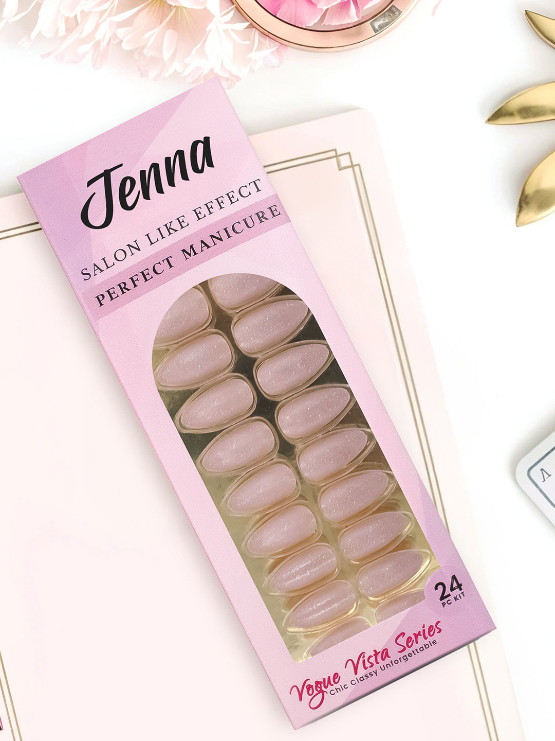 JENNA Set Of 24 Press On Acrylic Almond Shape Artificial Nails - Glitter Skin