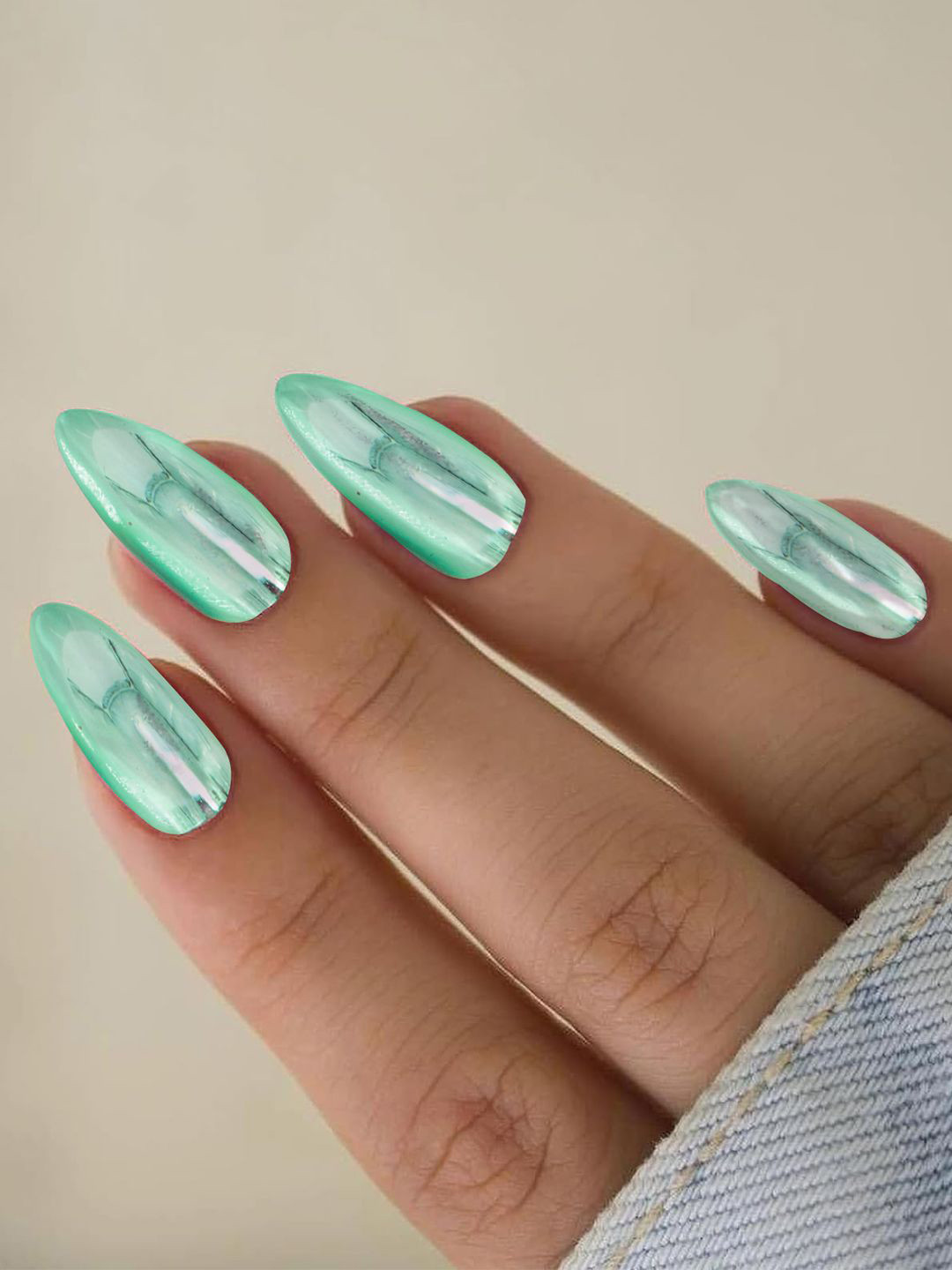 PRIVIU Set Of 12 Reusable Chromatic Fake Nails With Application Kit - Mint Green F06F