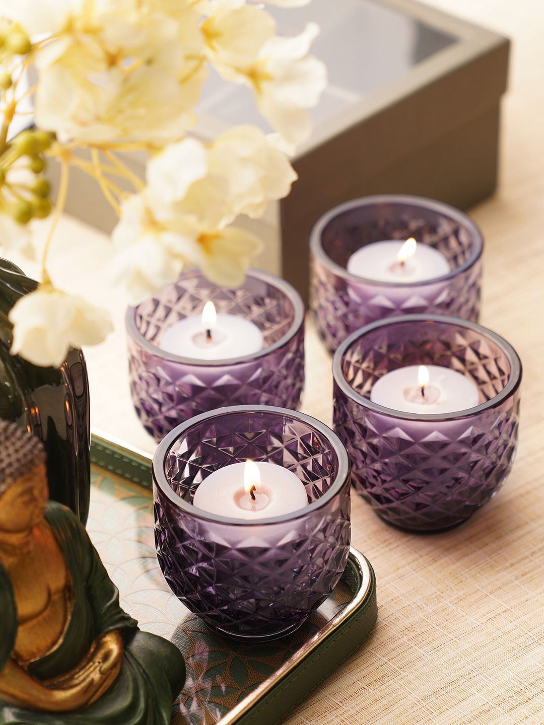 Pure Home and Living Purple 4 Pieces Glass Diamond Cut Candle Holders
