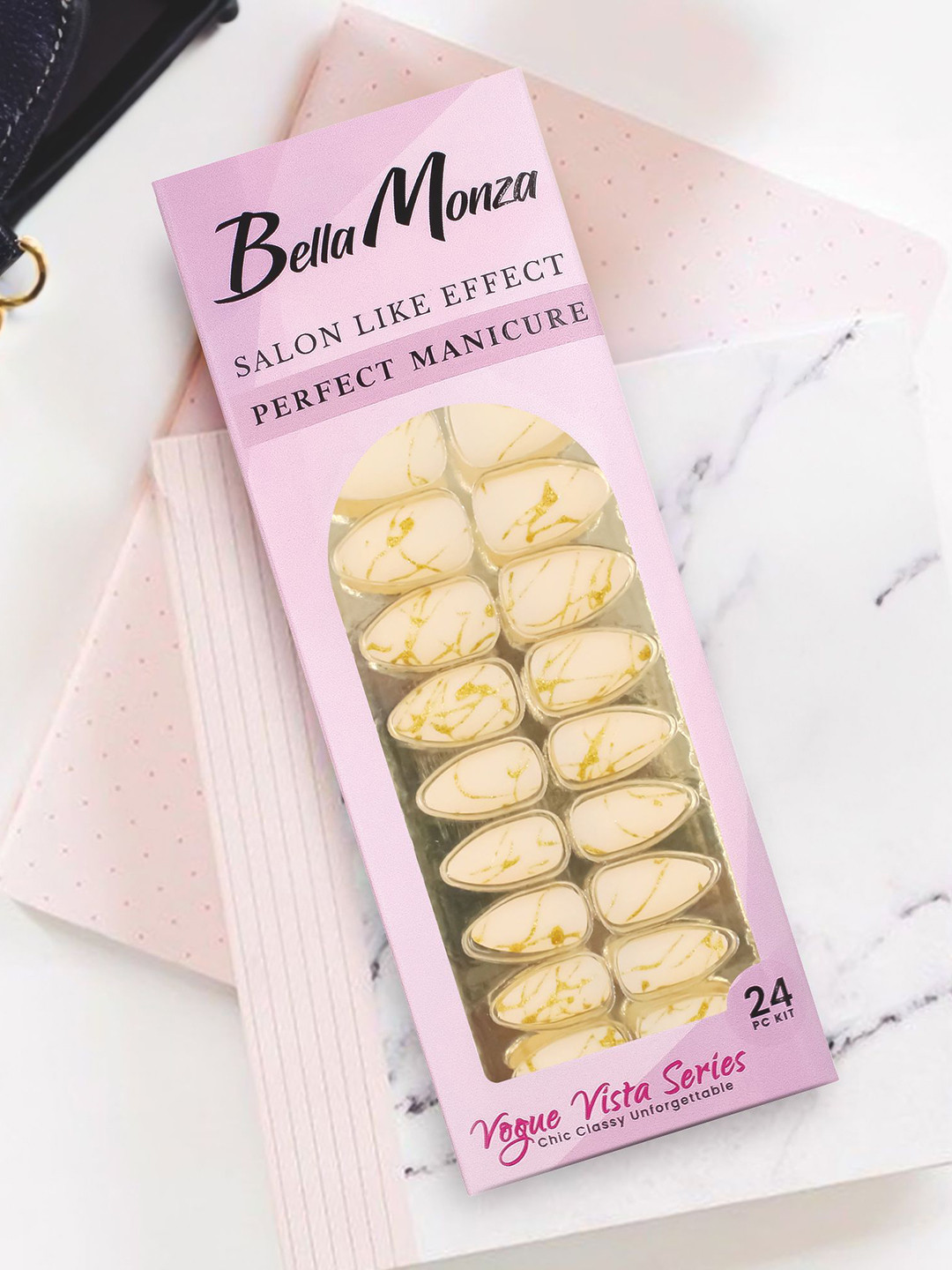 JENNA 24-Pcs French Tip Almond Shape Press-On Artificial Glitter Nails - Cream-Colored