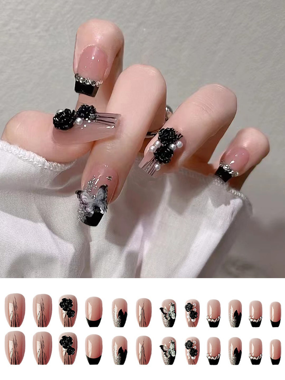Secret Lives 24 Pcs Glossy False Nails with 3D Flower Butterfly Pearls - Nude & Black