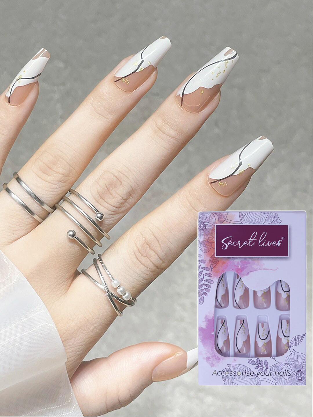 Secret Lives 24 Pcs Gloss Bottom with Glitters Fake Nails - Brown