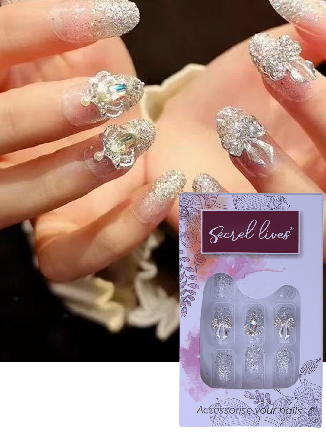 Secret Lives 24 Pcs 3D Crown Design with Glitter False Nails - Silver