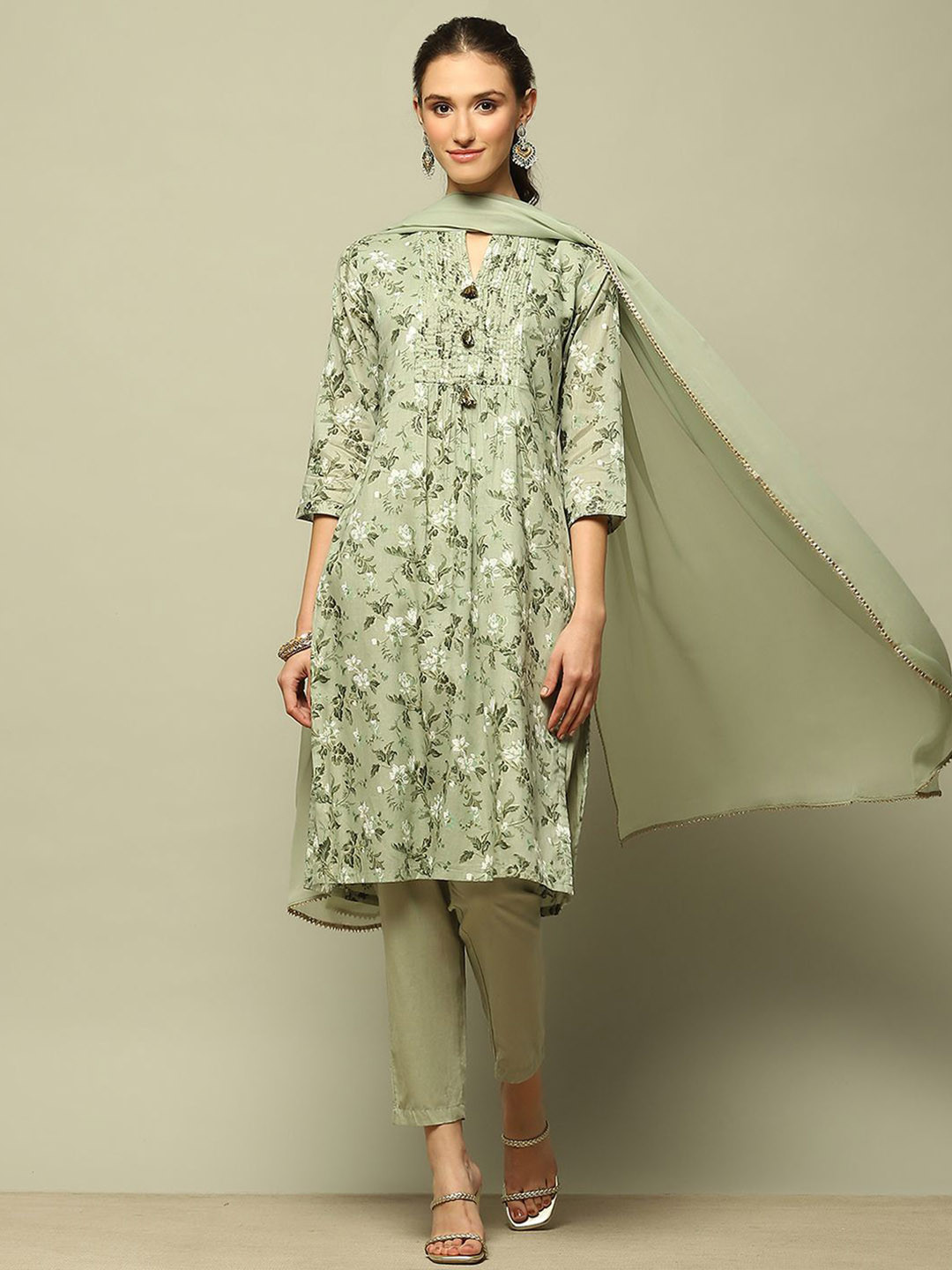 Rangriti Floral Printed Straight Pure Cotton Kurta with Trousers & Dupatta