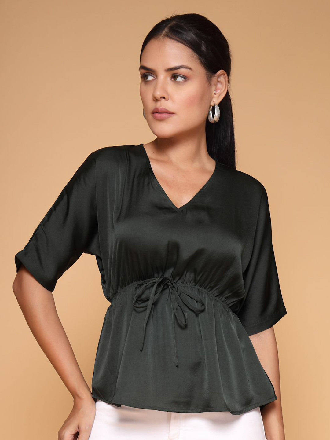 KATLINE Women's V Neck Satin Top