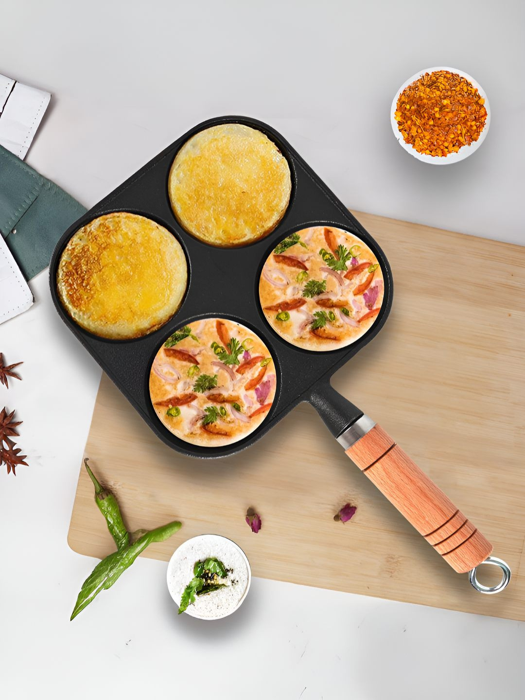 Solara Black Cast Iron 4 Pancake Pan with Handle