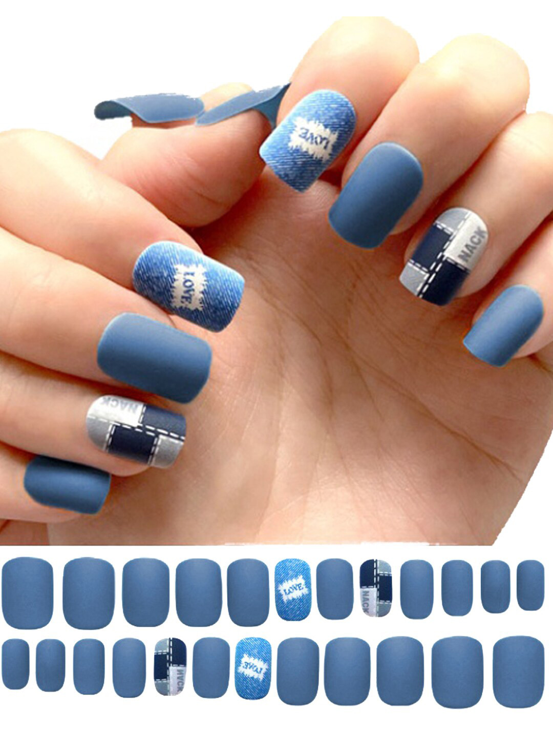 Secret Lives Set Of 24 Denim Soft Square Artificial Nails Extension