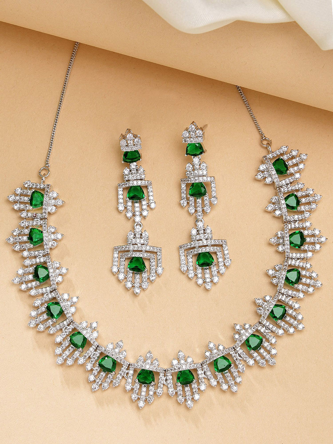 KARATCART Green Silver- Plated American Diamond Stone Studded Jewellery Set