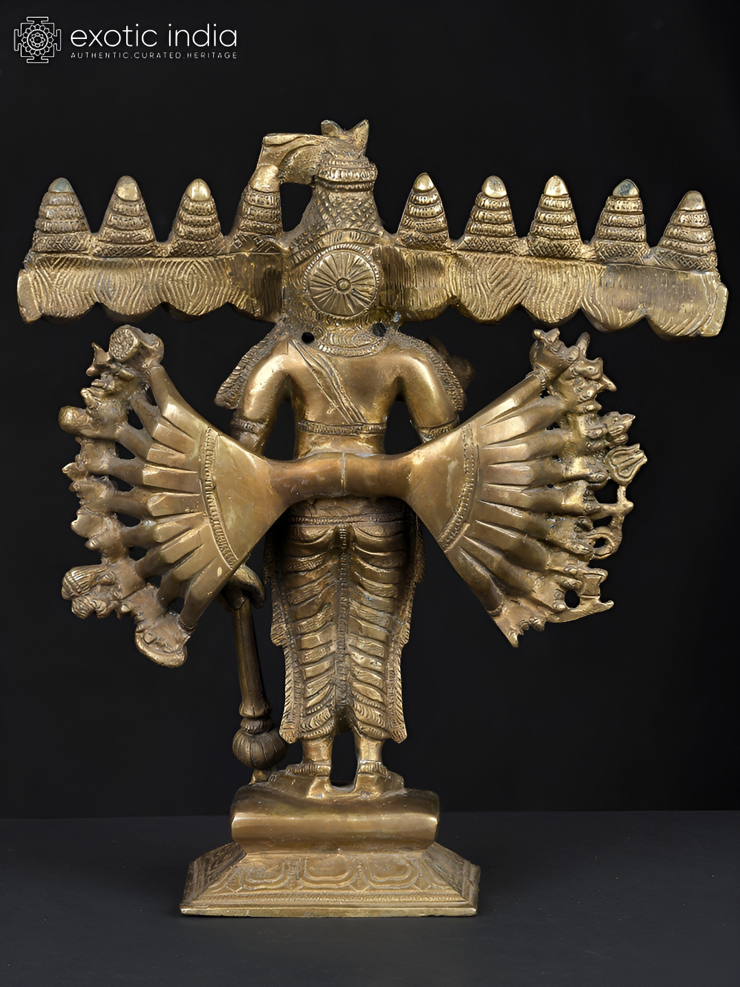 Exotic India Dashanana Gold Brass Metallic Prayer Room Small Showpiece - 10 Inches