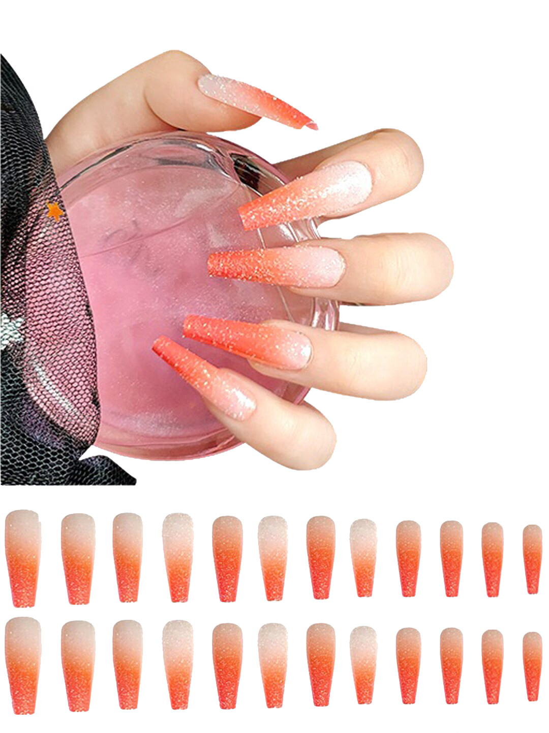 Secret Lives 24 Pieces Plain Glossy Fake Nails With Glitter - Orange