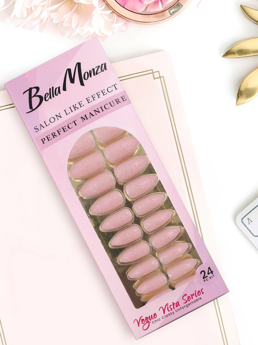 JENNA 24-Pcs French Tip Almond Shape Press-On Artificial Glitter Nails - Pink