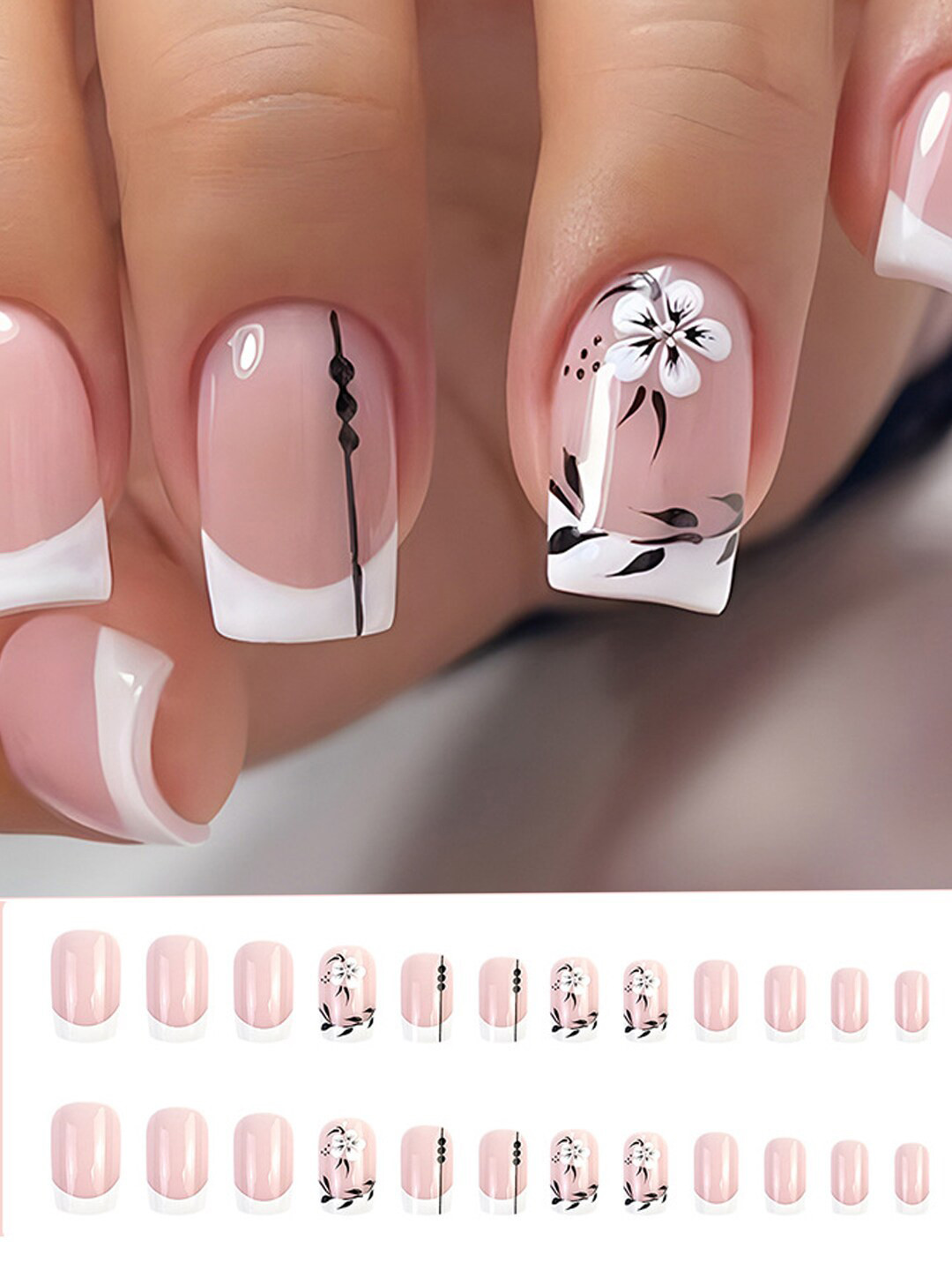 Secret Lives 24 Pieces French Flower Leaves Nail Extensions - Pink & White