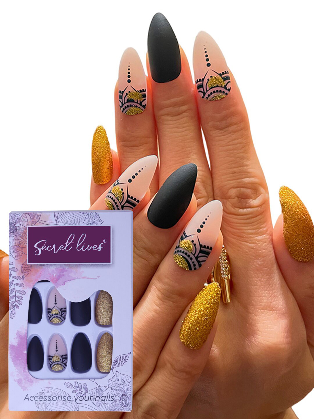 Secret Lives 24 Pcs Almond Matte Egyptian False Nails - Black