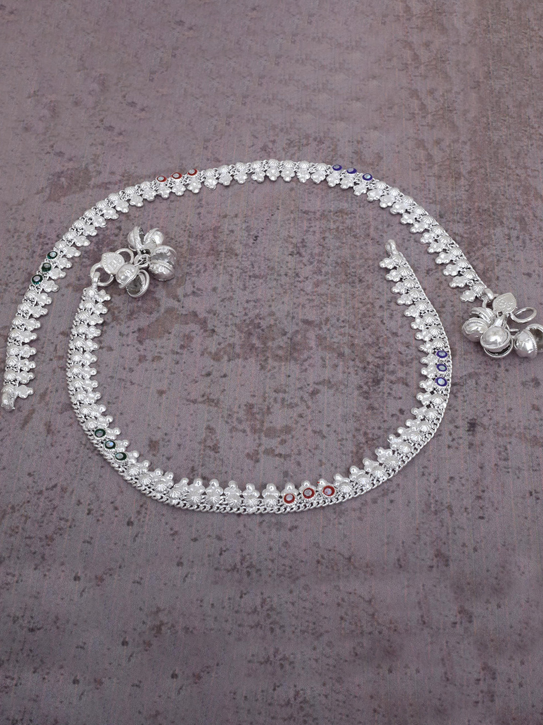 MEMOIR Silver-Plated Cubic Zirconia Stone Studded Mangal Kalash Style Anklet