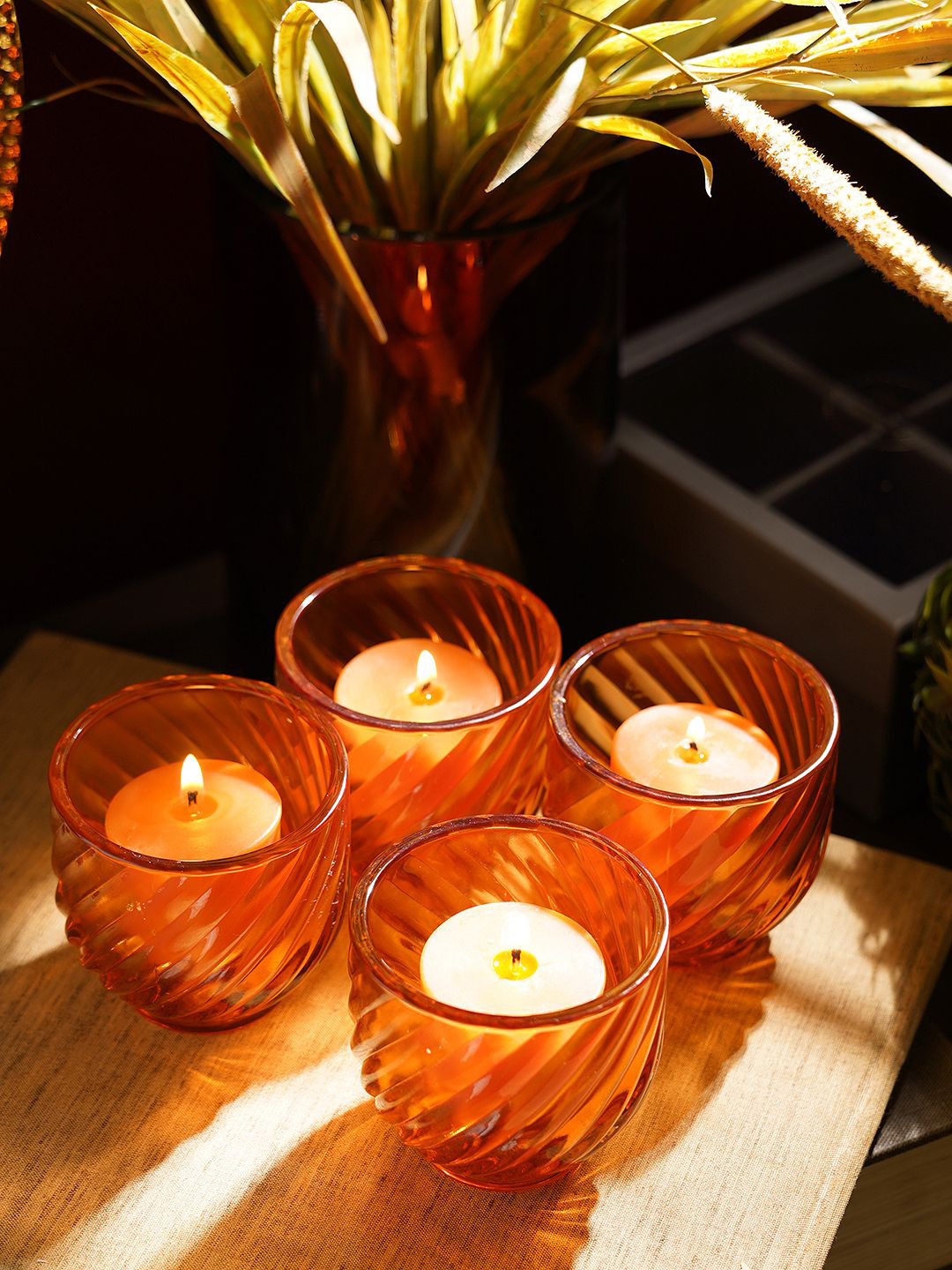 Pure Home and Living Orange 4 Pieces Glass Tealight Candle Holders