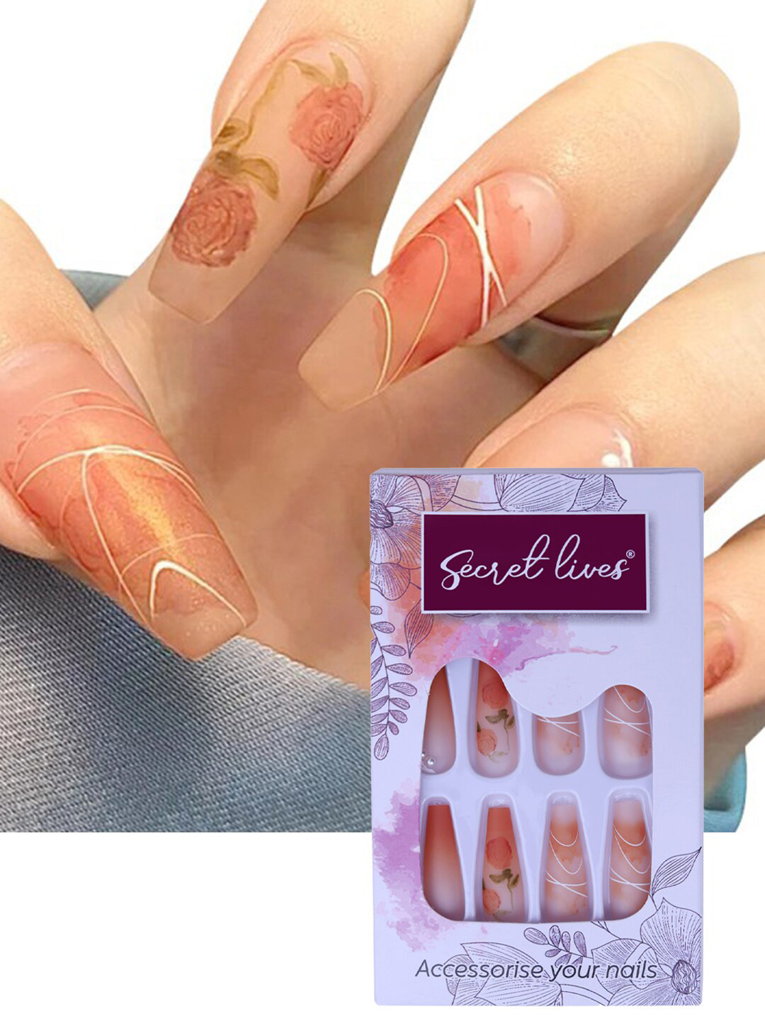 Secret Lives 24 Pcs Matte Rose with Pearls False Nails with Manicure Kit - Orange