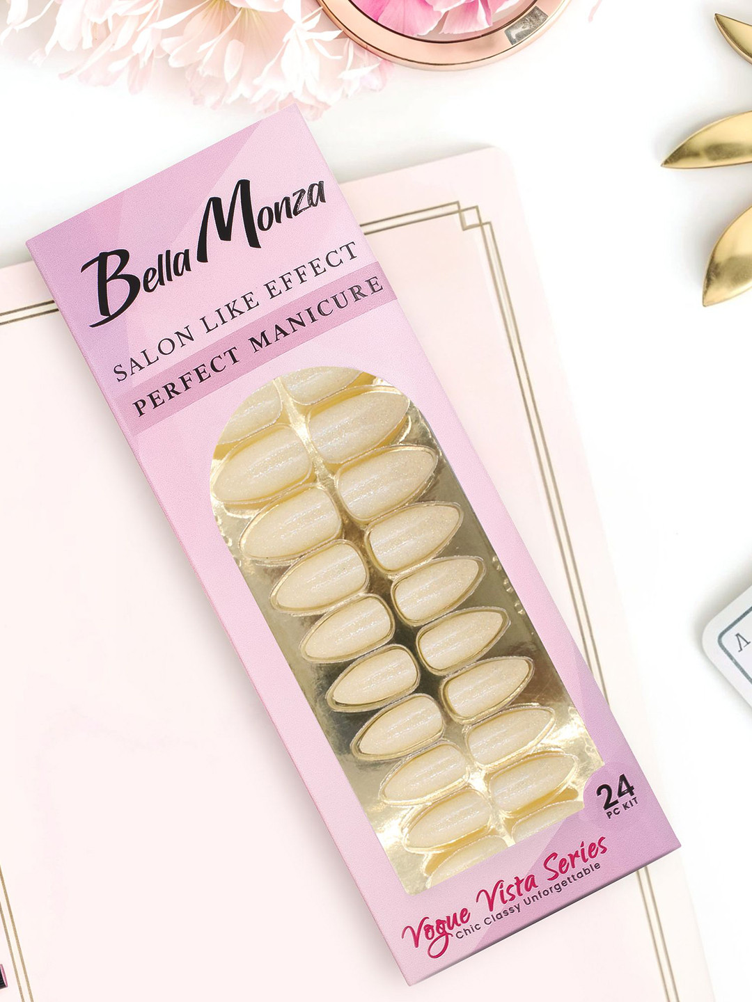 JENNA 24-Pcs French Tip Almond Shape Press-On Artificial Glitter Nails - Cream