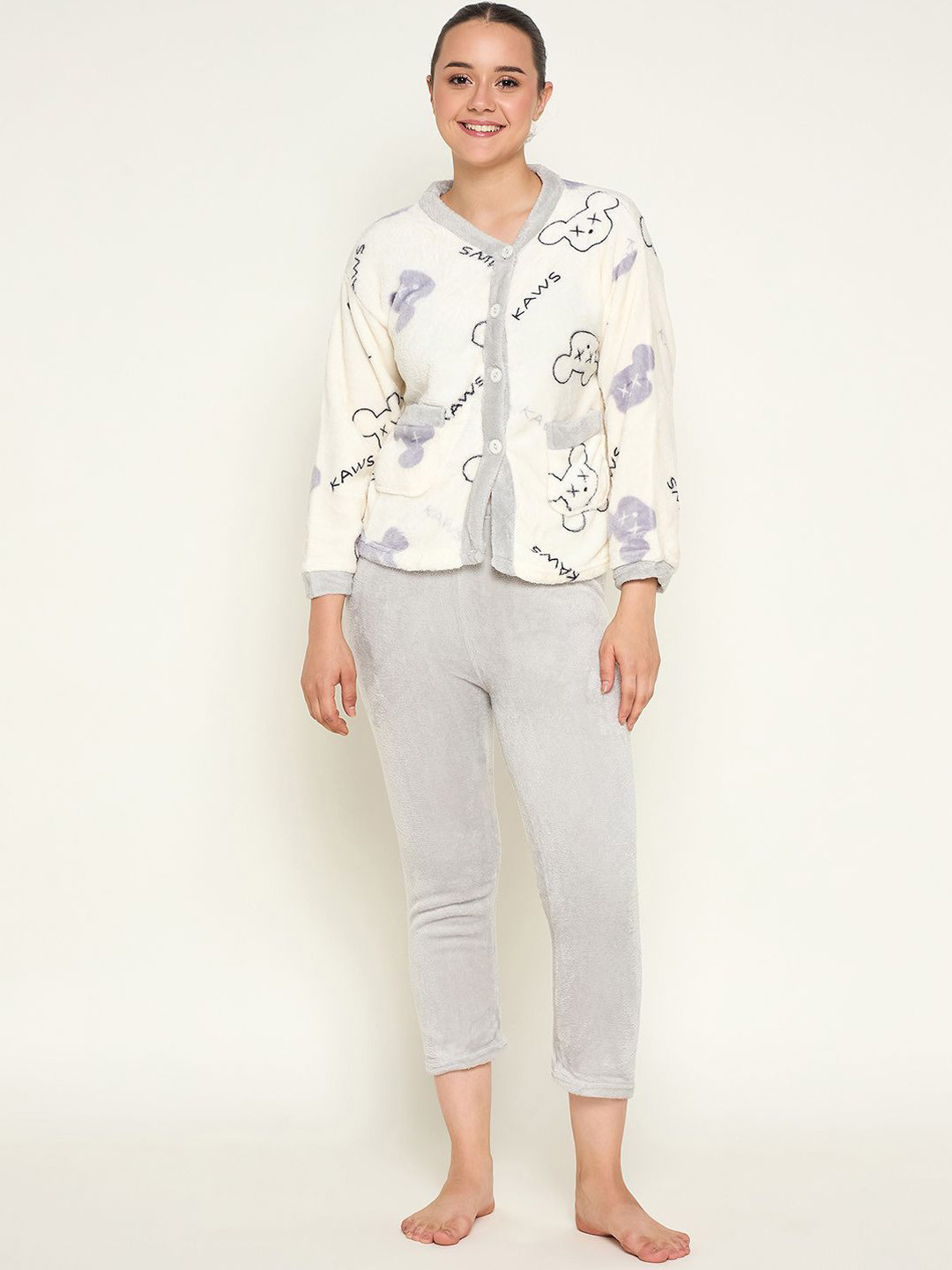 Camey Women Animal Printed Winter Long Sleeve Front open Top and Pajama Pants Night suit