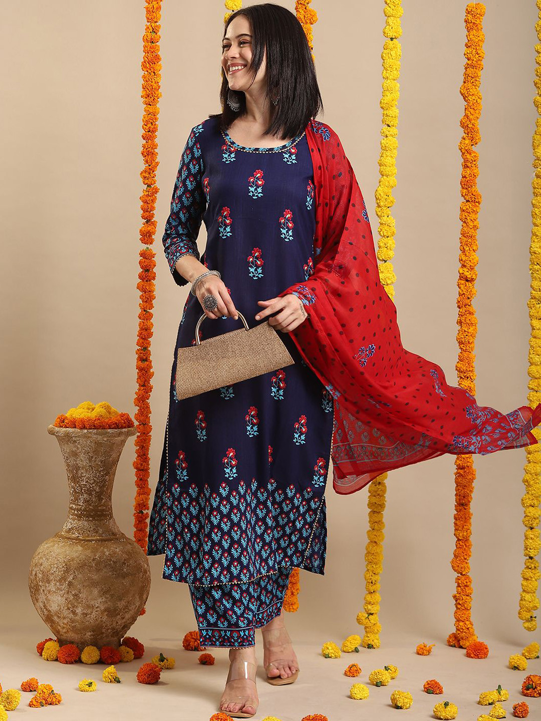 GoSriKi Ethnic Motifs Printed Straight Kurta with Palazzos & Dupatta
