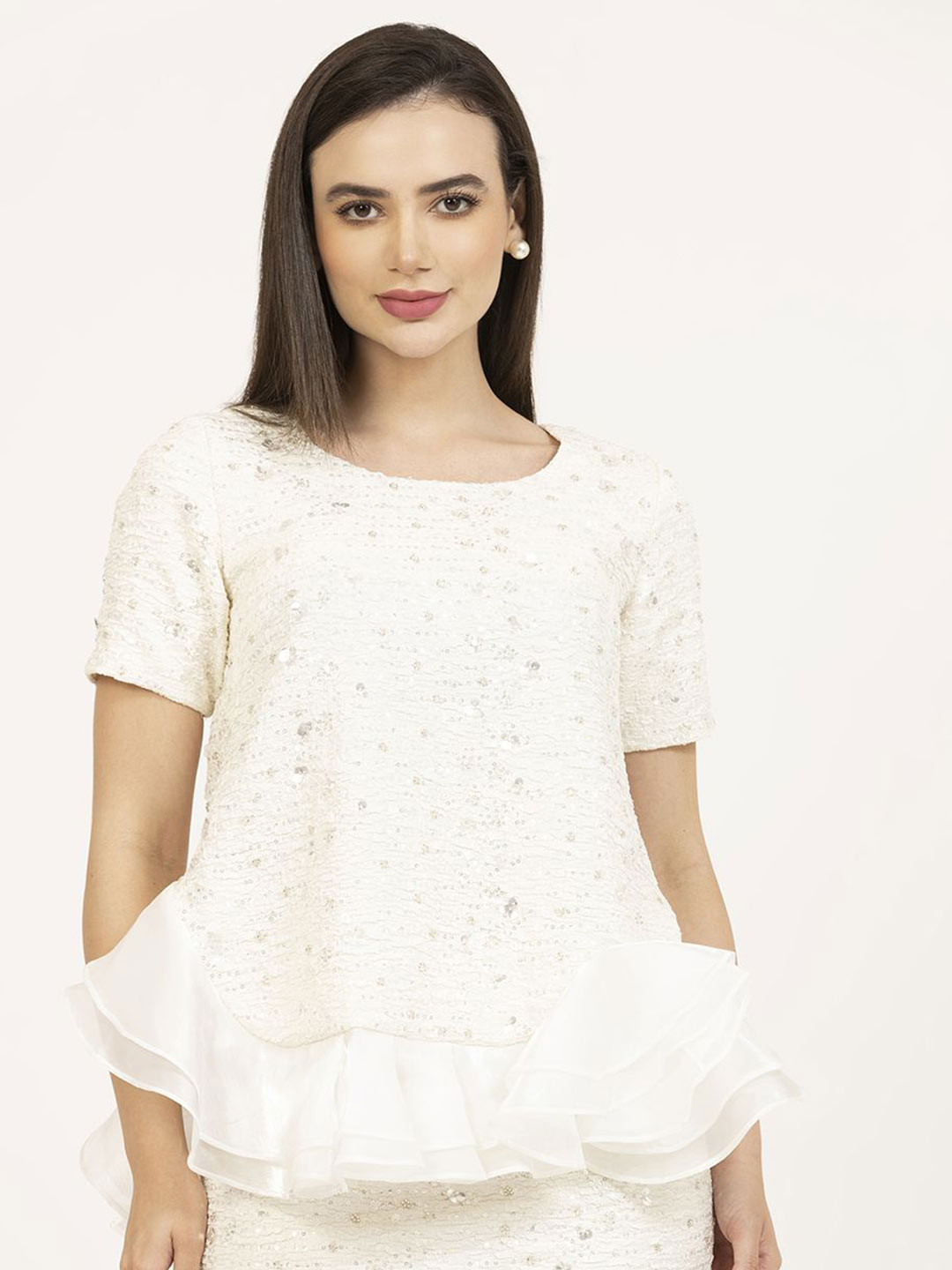 OFFICE & YOU Women Round Neck Short Sleeves Embroidered Top