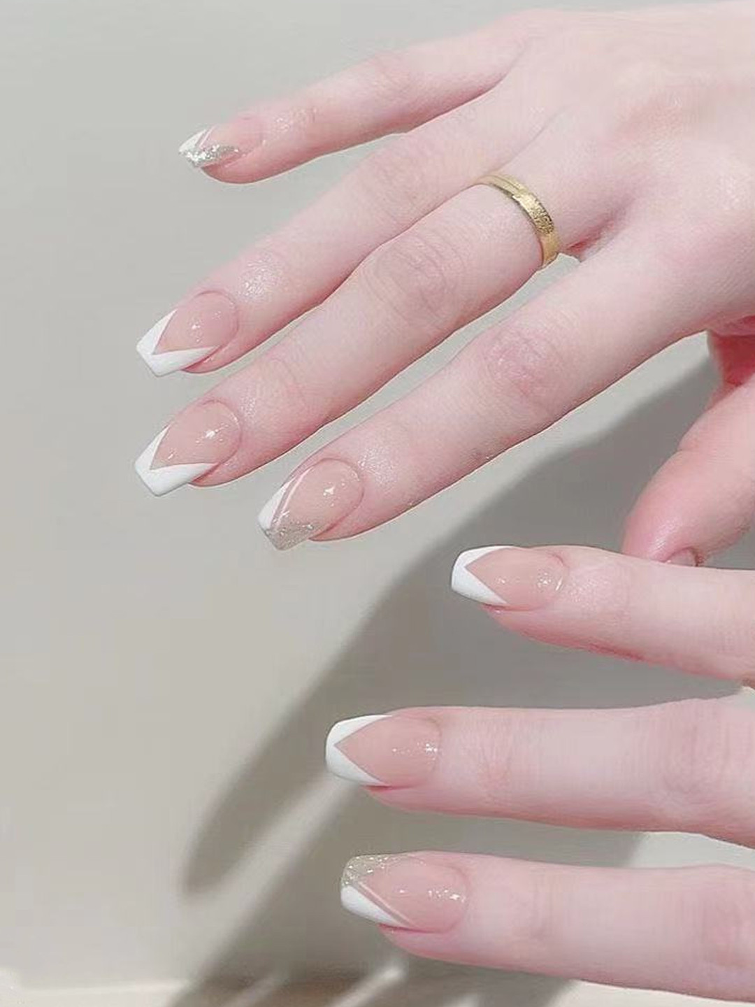 Secret Lives 24 Pcs Medium Long Translucent French Glitter Fake Nails - White